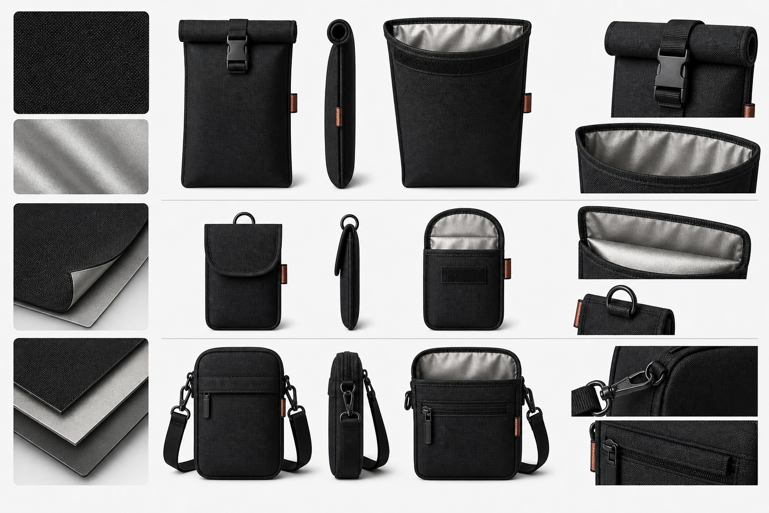 Design board showing black exterior fabric and silver shielding lining