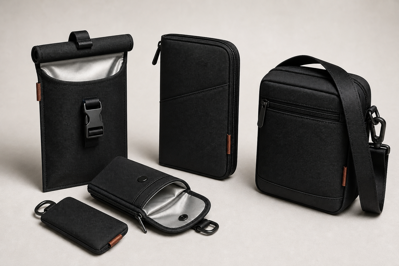 A set of black Faraday bags with silver-gray shielding lining